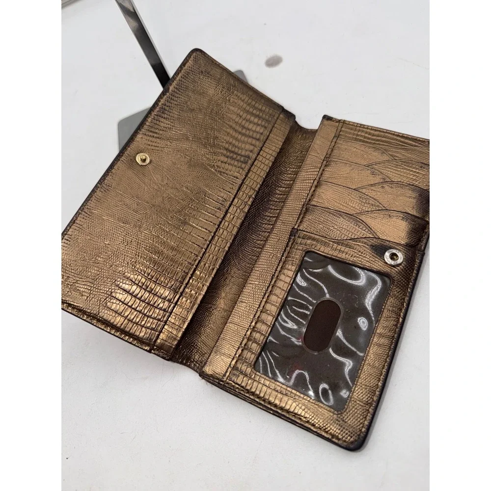 Cole Haan Metallic Bronze Lizard Embossed Leather Slim Continental Wallet
